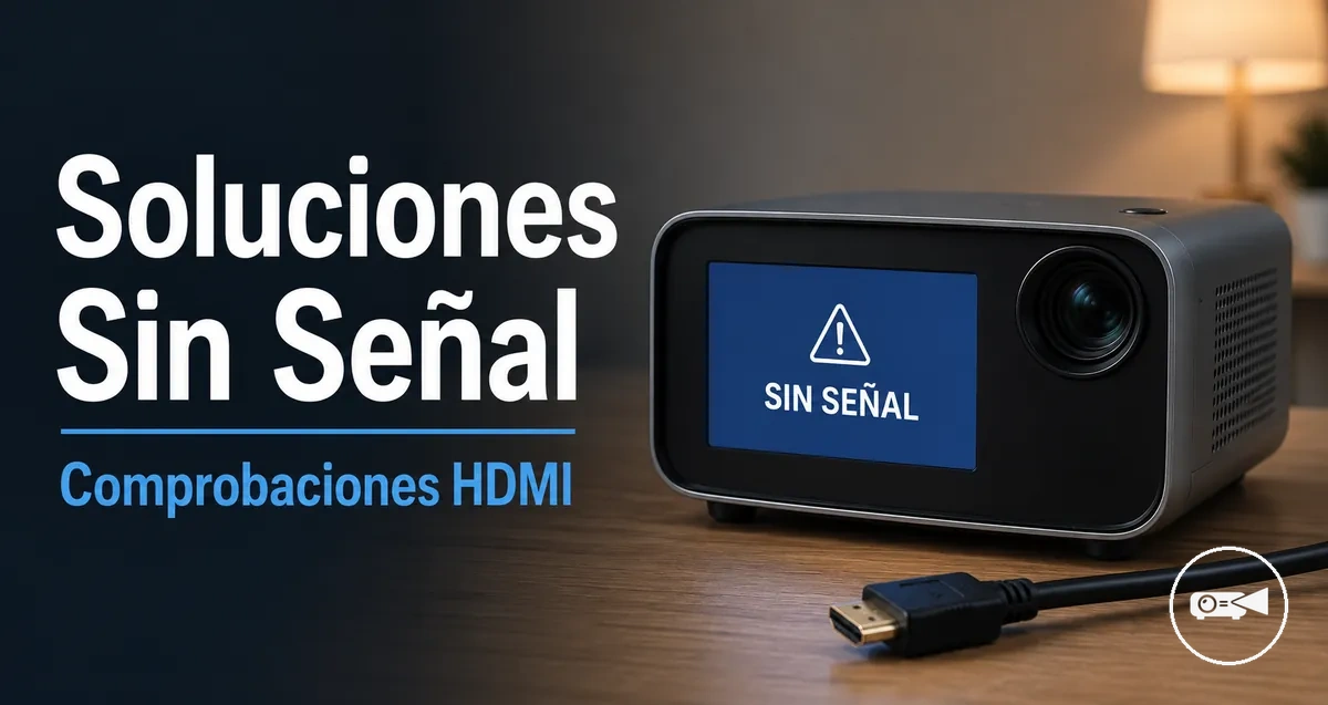 Mini proyector mostrando un mensaje sin señal con un cable HDMI cerca
