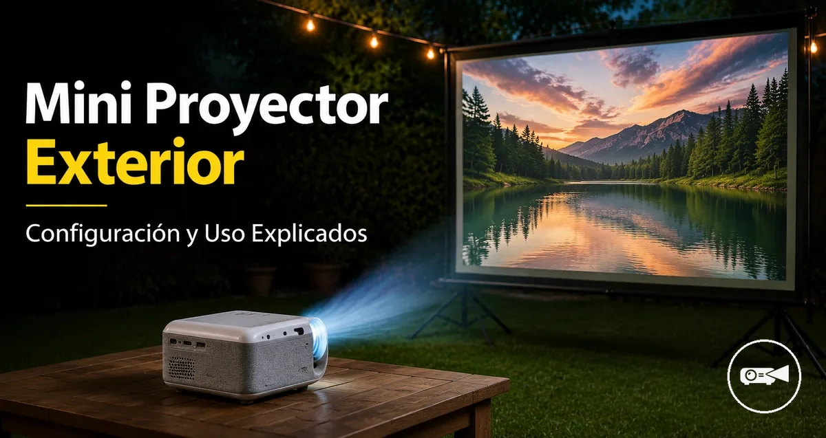Mini proyector proyectando sobre una pantalla exterior en un jardín
