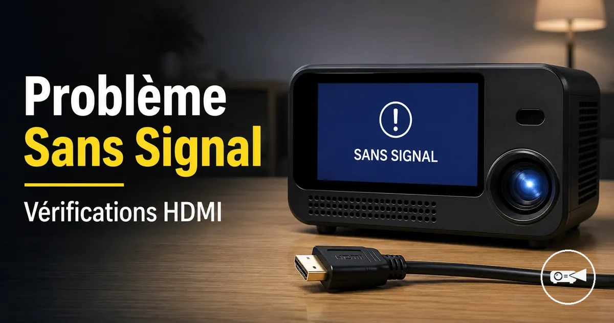 Mini projecteur affichant un message sans signal avec un câble HDMI à proximité