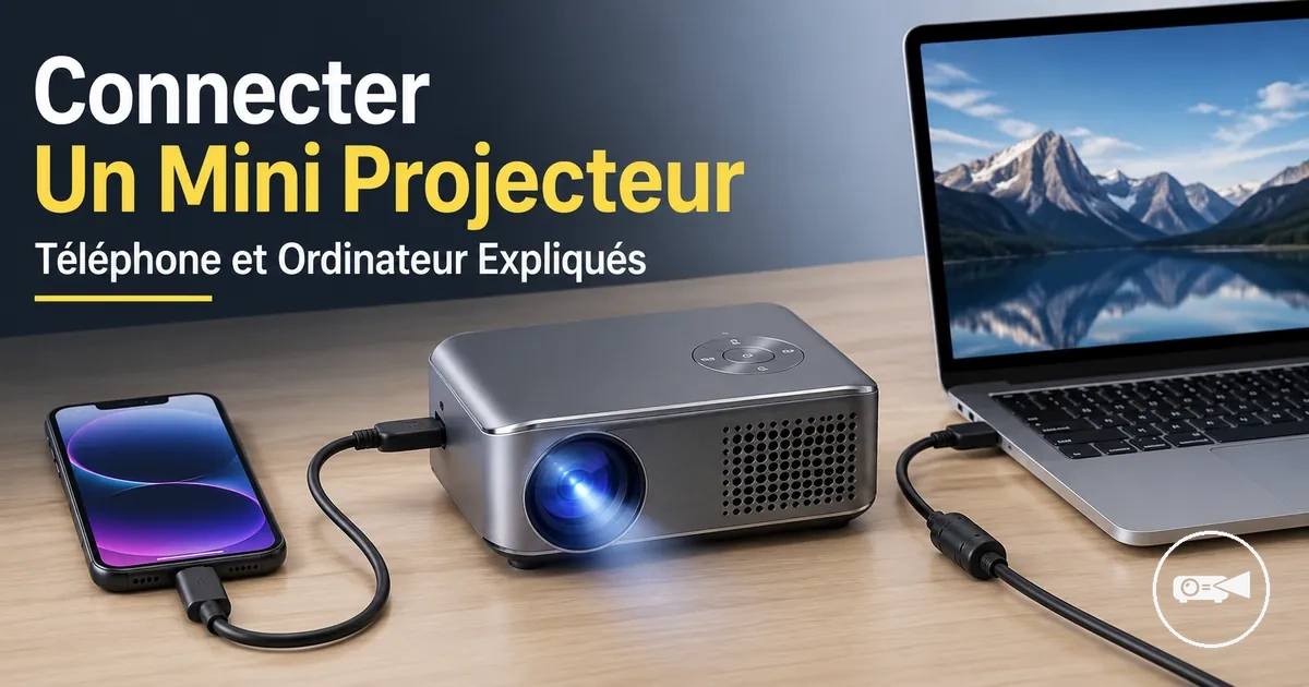 Mini projecteur connecté à un téléphone et un ordinateur portable avec des câbles à proximité