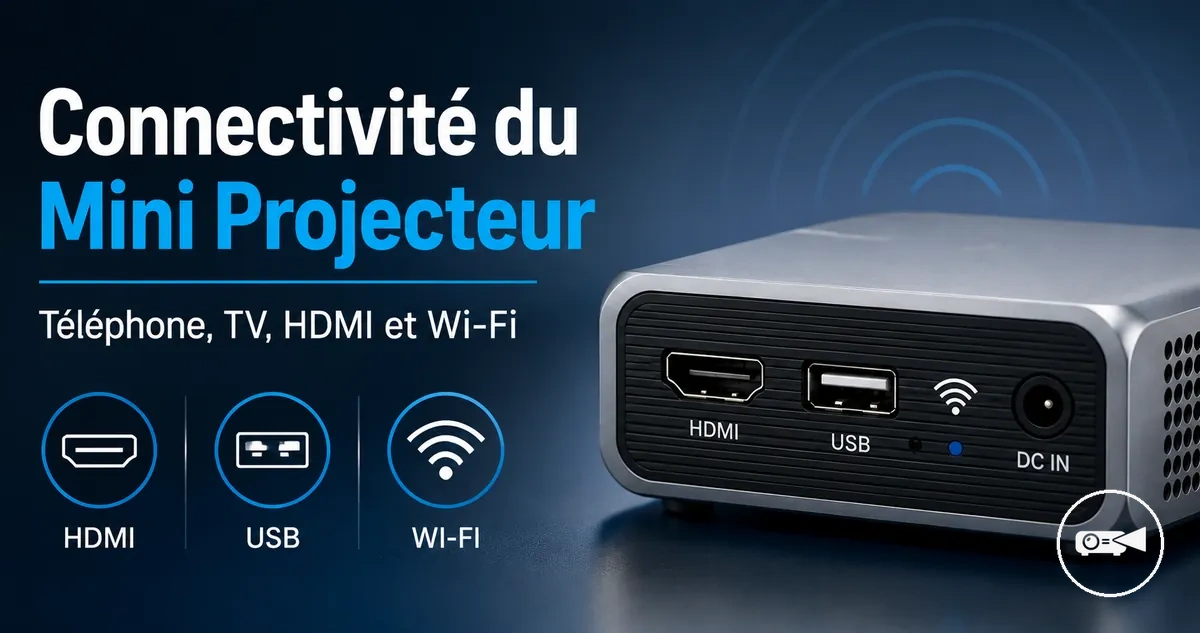 Ports d’un mini projecteur avec symboles HDMI, USB et connexion sans fil