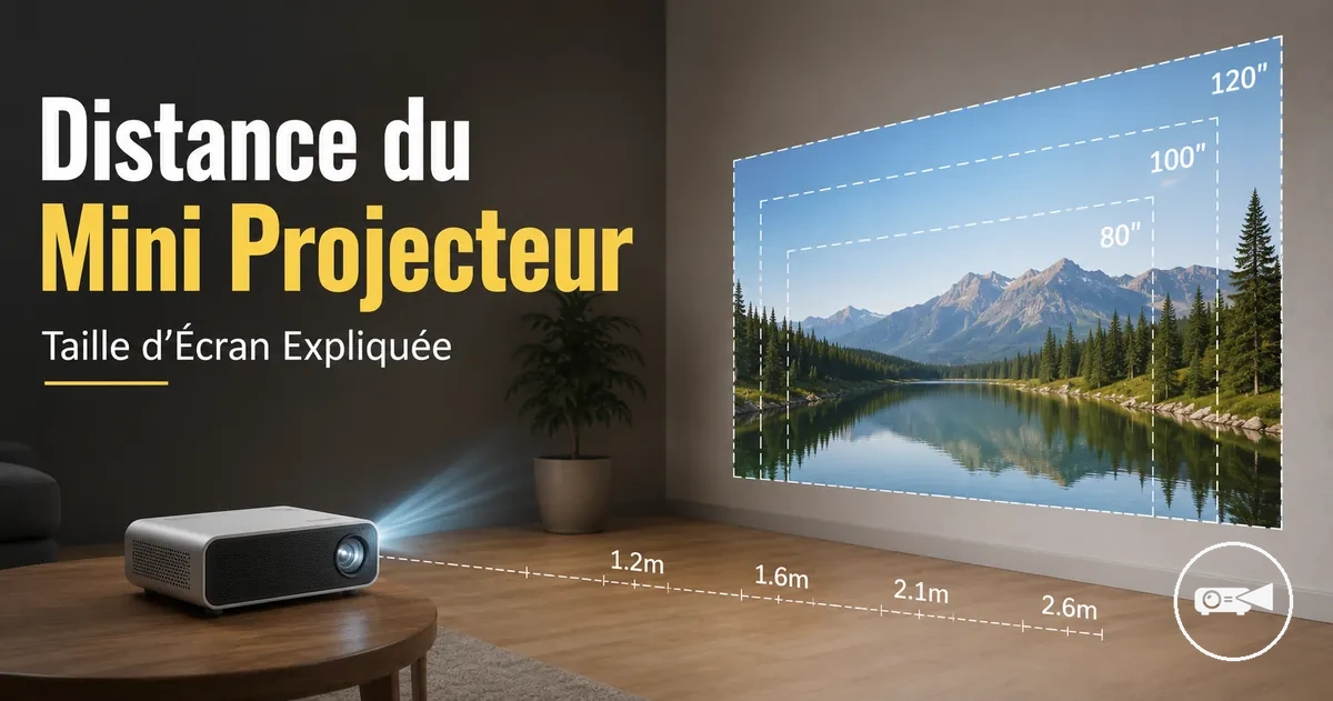 Mini projecteur placé à une distance mesurée d’un écran de projection