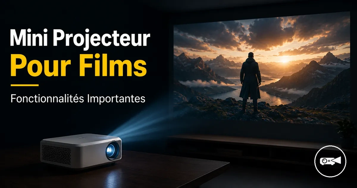 Mini projecteur affichant une scène de film sur un écran dans une pièce sombre