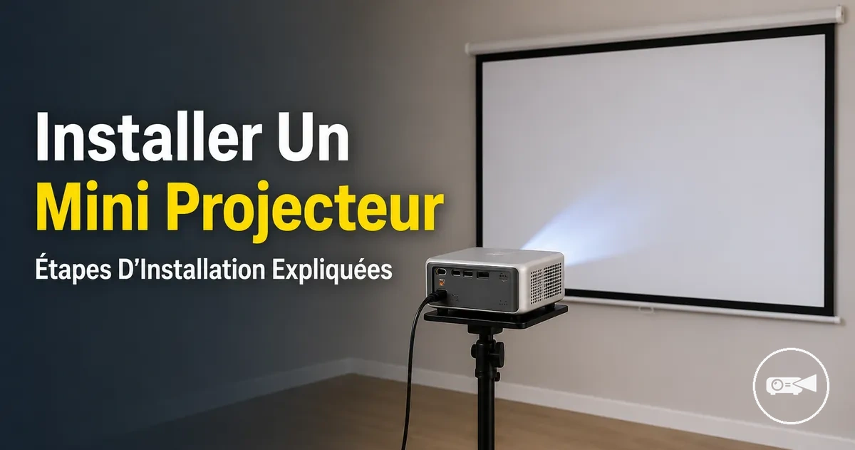 Mini projecteur installé sur un support face à un écran de projection