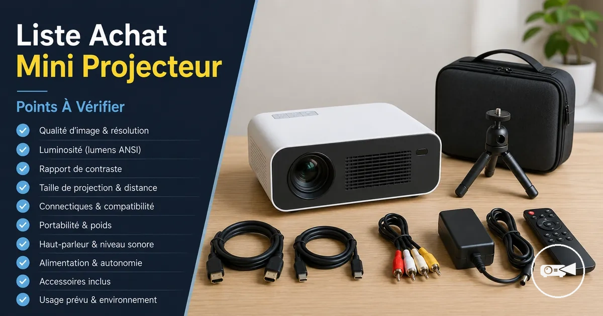 Liste d’achat de mini projecteur avec appareil, câbles et accessoires sur une table