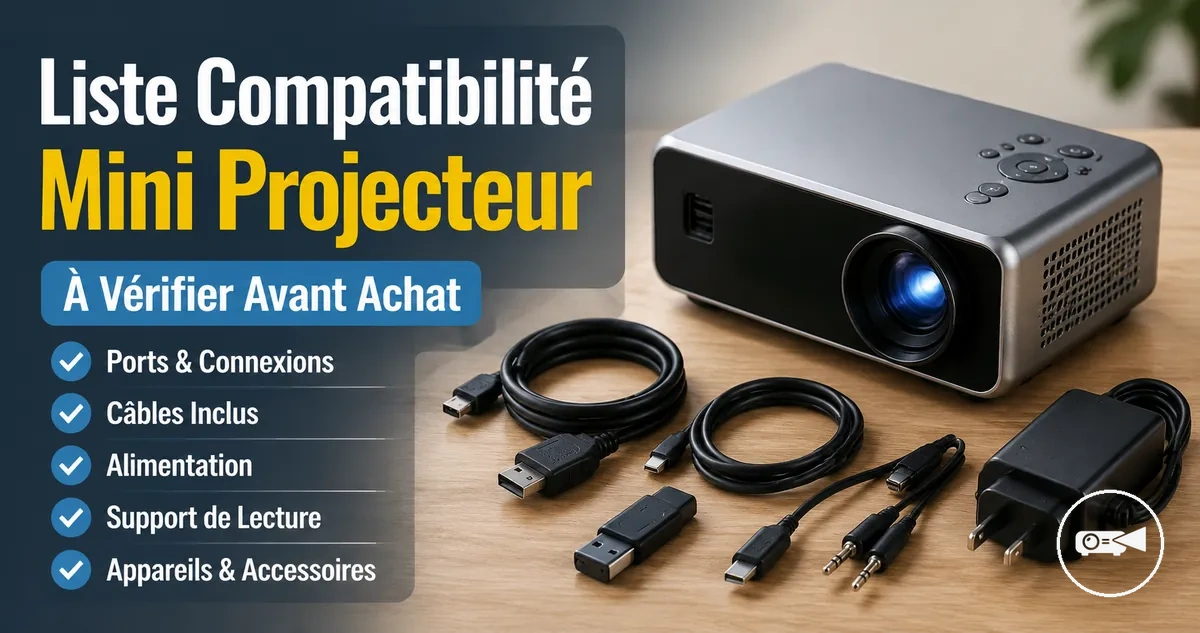 Mini projecteur à côté de câbles de connexion et d’accessoires d’appareils