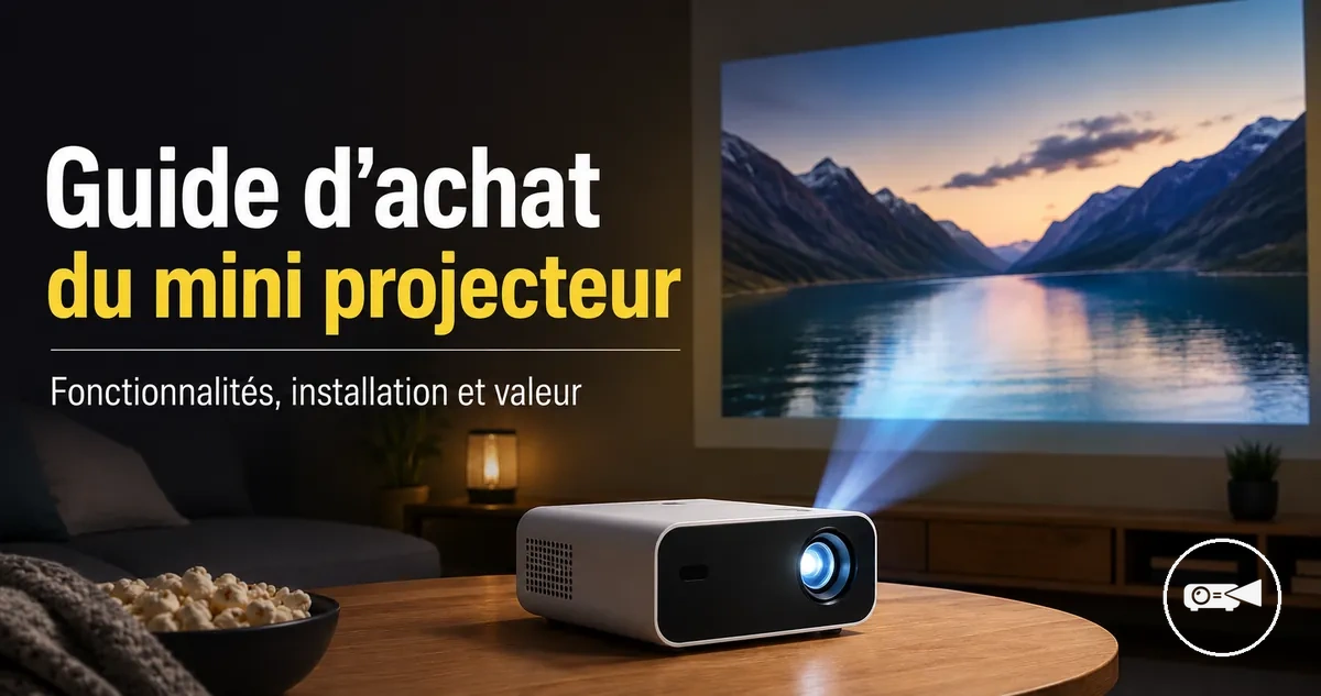 Mini projecteur compact posé sur une table avec un écran projeté en arrière-plan