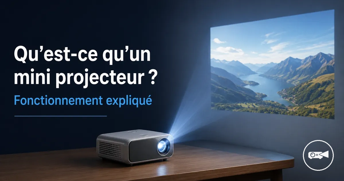 Petit mini projecteur montrant son objectif, son boîtier et une installation de projection simple
