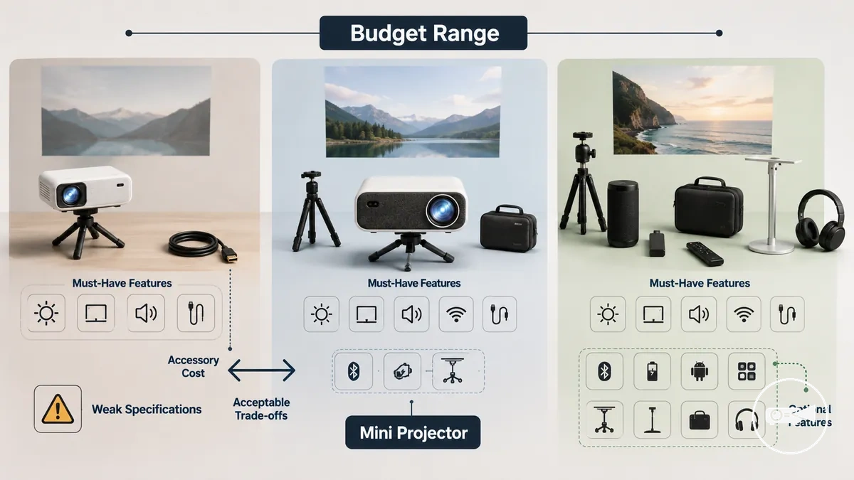 Comparaison d’achat de mini projecteur montrant le budget, les accessoires et les compromis sur les fonctionnalités