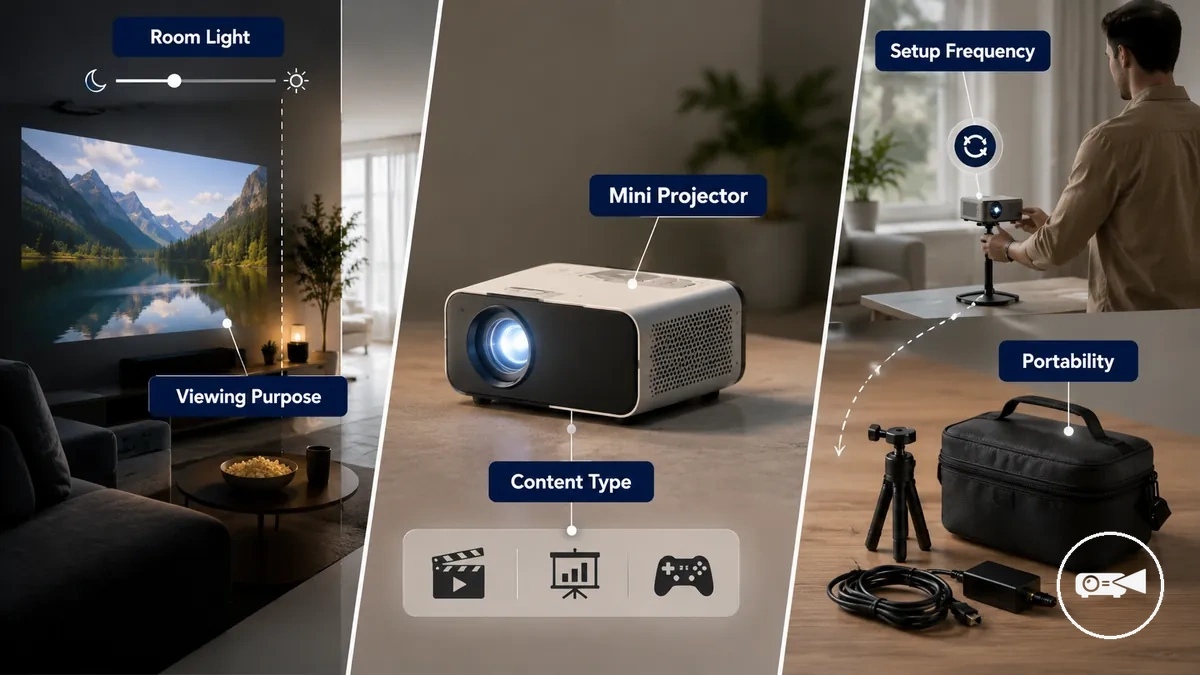 Installation d’un mini projecteur illustrant différentes conditions de pièce, objectifs de visionnage et accessoires portables