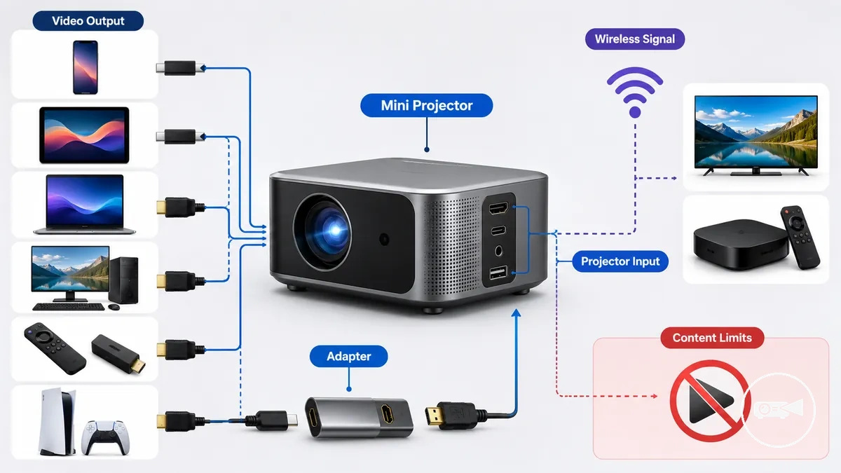 Mini projecteur connecté à plusieurs appareils sources compatibles