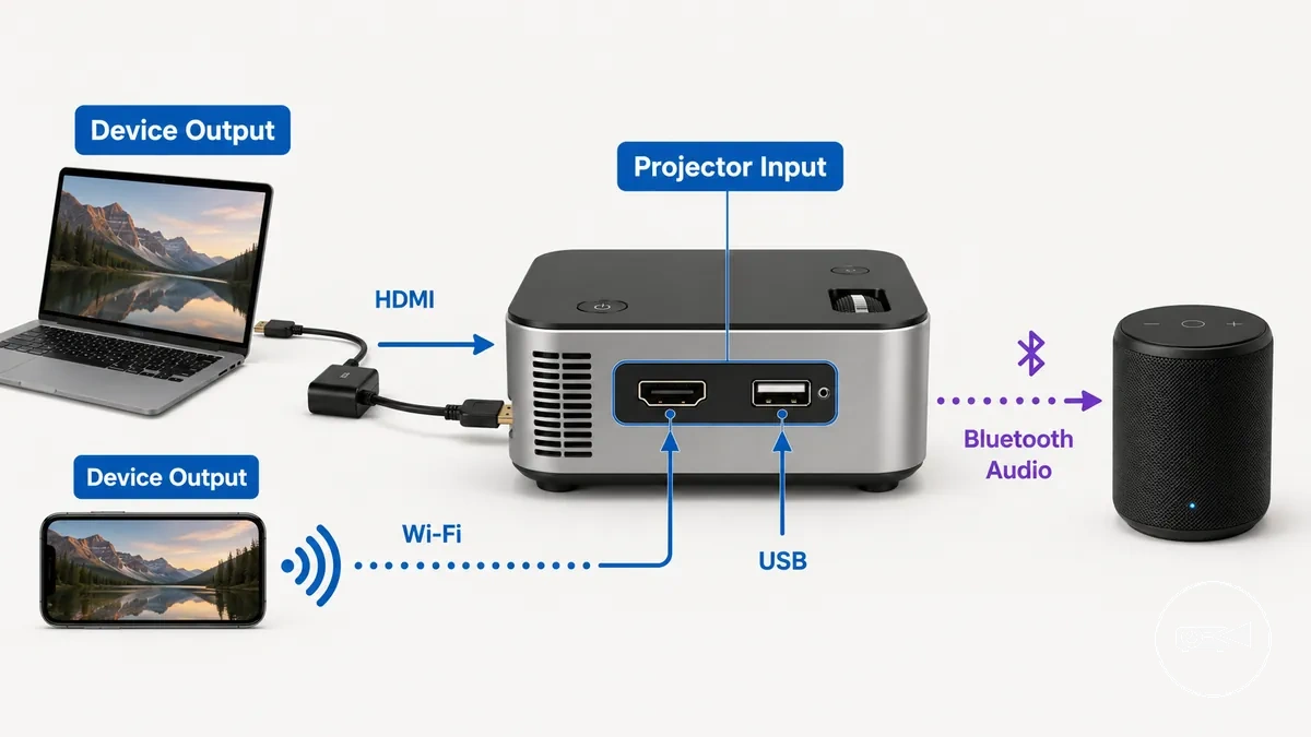 Diagramme montrant comment les connexions du mini projecteur déterminent la compatibilité des appareils