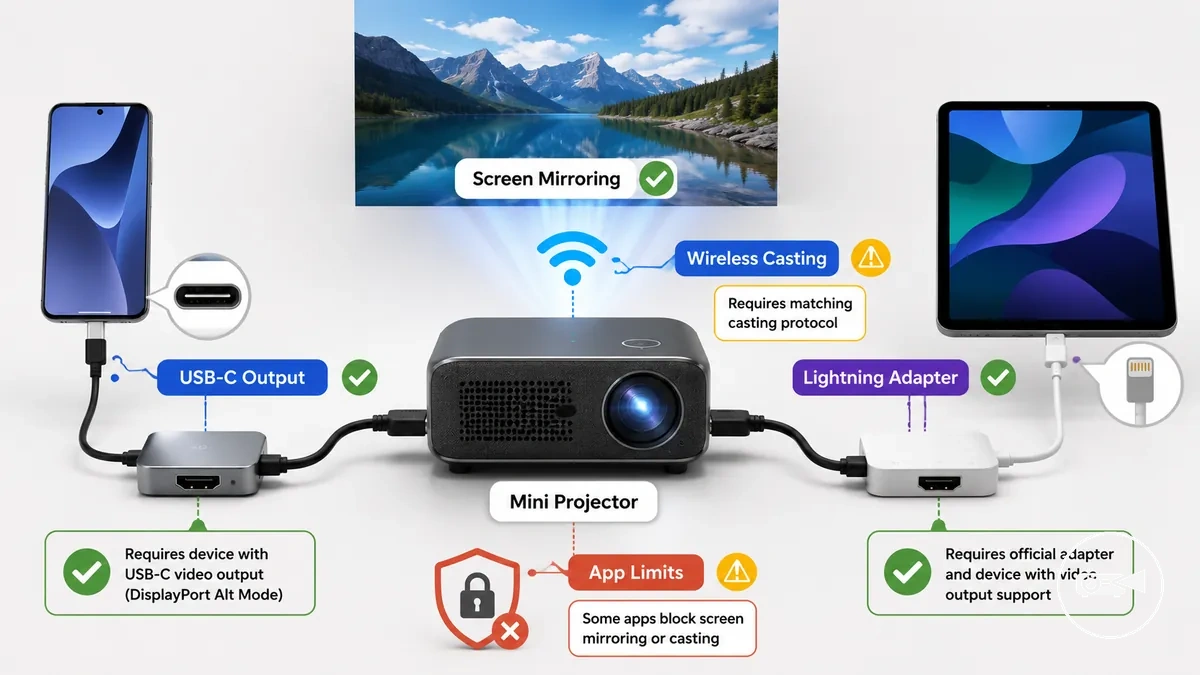 Téléphone et tablette connectés à un mini projecteur utilisant des méthodes filaires et sans fil compatibles