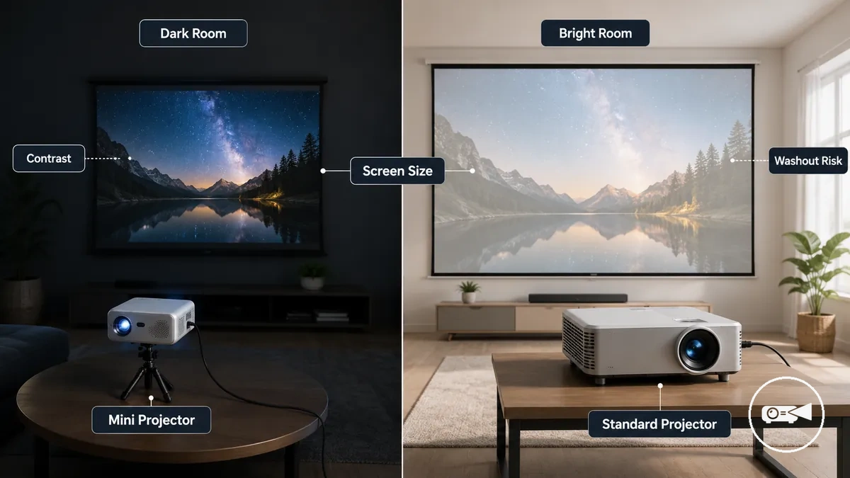 Comparaison des performances d image entre un mini projecteur et un projecteur standard dans différentes conditions d éclairage