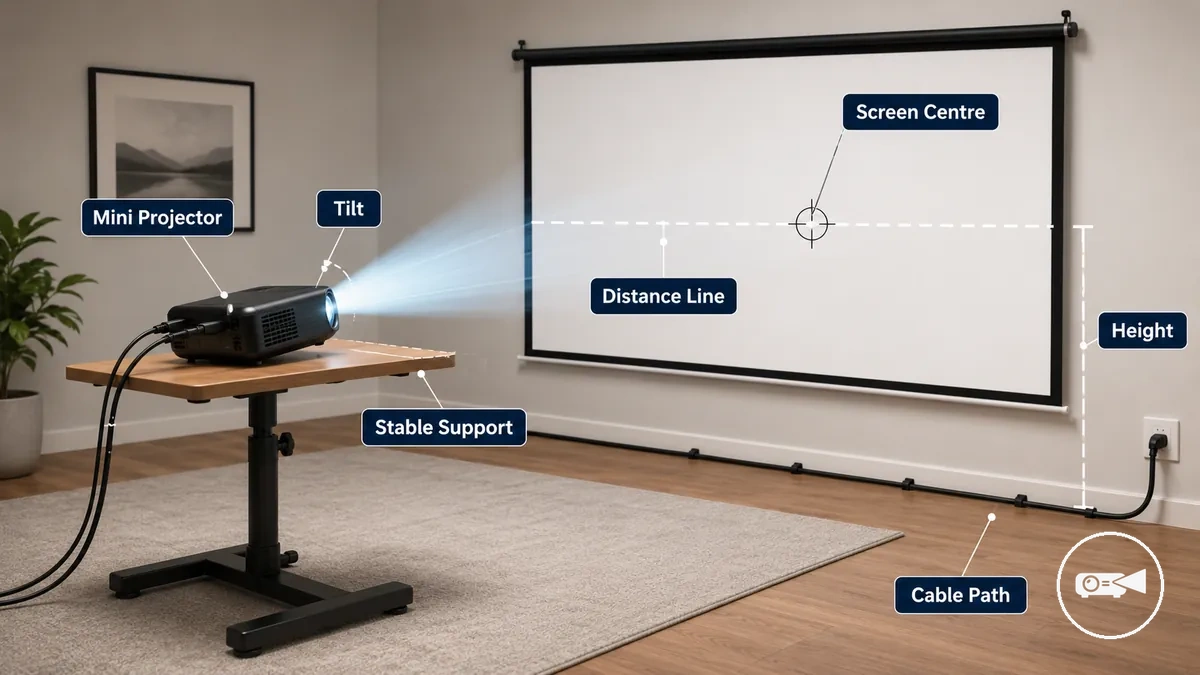 Placement du mini projecteur sur un support stable face à un écran