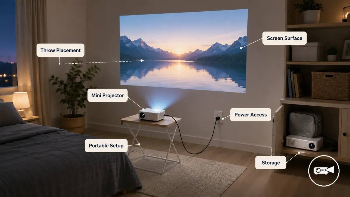 Mini projecteur placé de manière flexible sur une petite surface dans une pièce