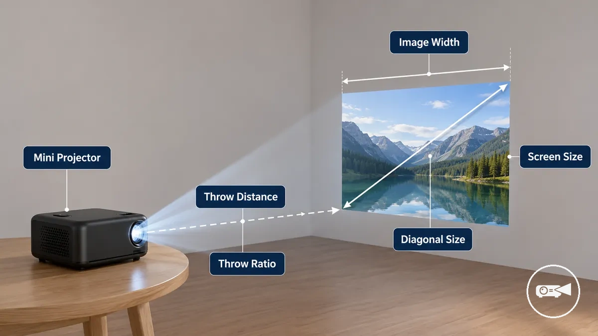 Diagramme d’un mini projecteur avec la distance de projection, le rapport de projection et la largeur d’image projetée indiqués