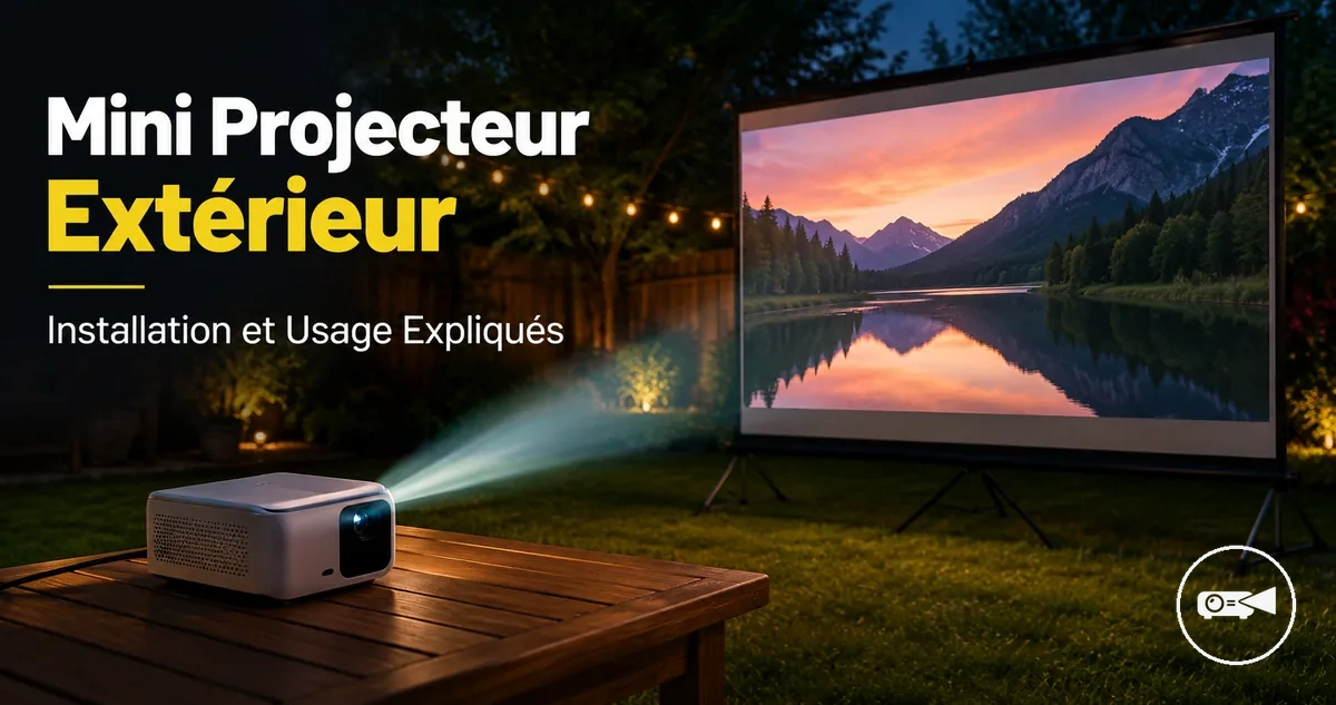Mini projecteur projetant sur un écran extérieur dans un jardin