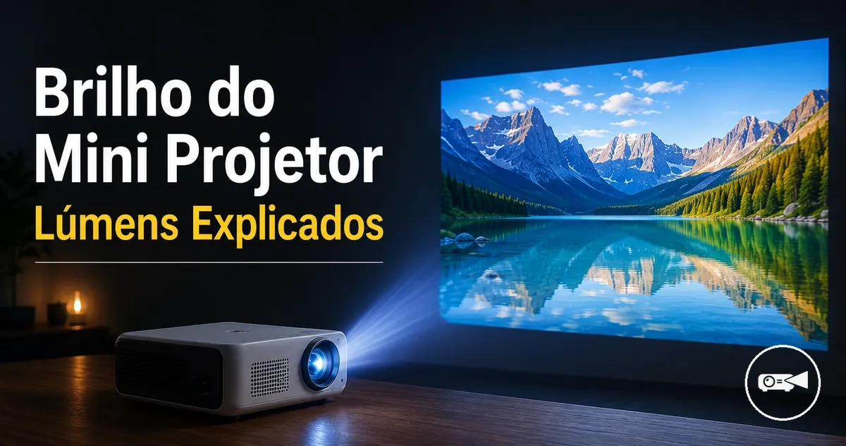 Mini projetor exibindo uma imagem brilhante em um ambiente com pouca luz