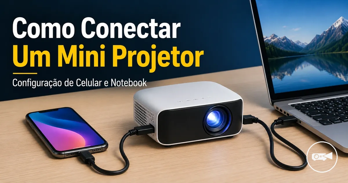 Mini projetor conectado a um celular e notebook com cabos próximos