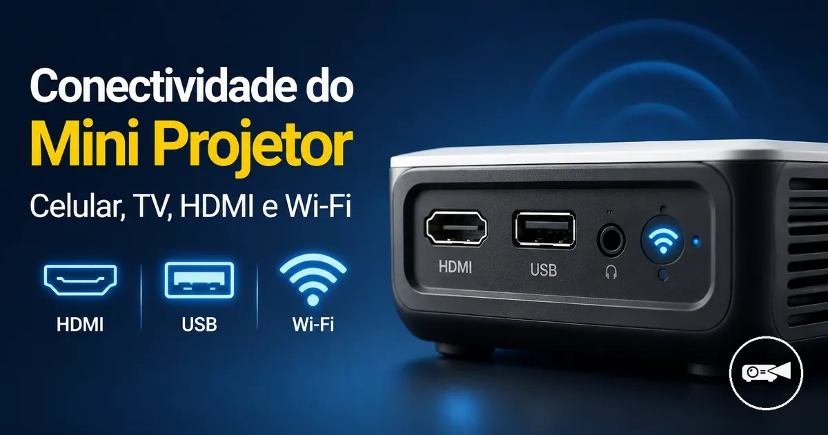 Portas de mini projetor com símbolos de conexão HDMI, USB e conexão sem fio
