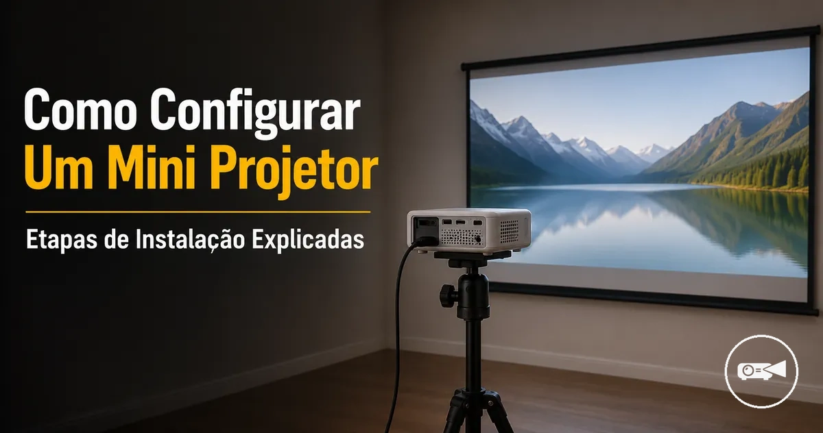 Mini projetor configurado em um suporte diante de uma tela de projeção