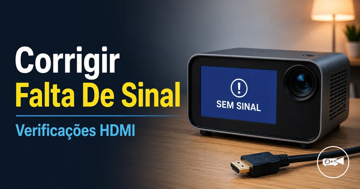 Mini projetor exibindo mensagem sem sinal com cabo HDMI próximo