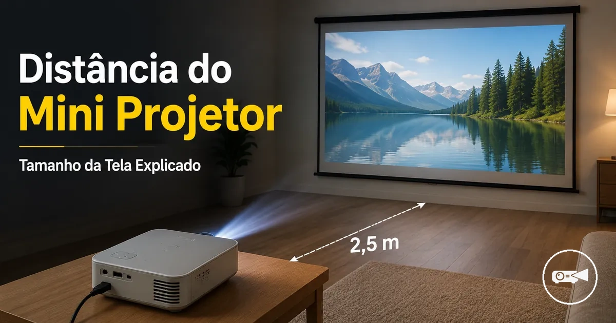Mini projetor posicionado a uma distância medida de uma tela de projeção