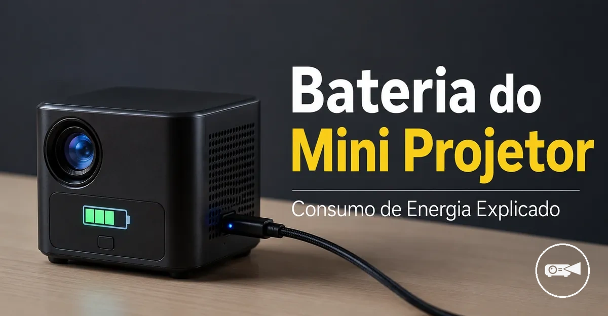 Mini projetor com bateria conectado a um cabo de carregamento