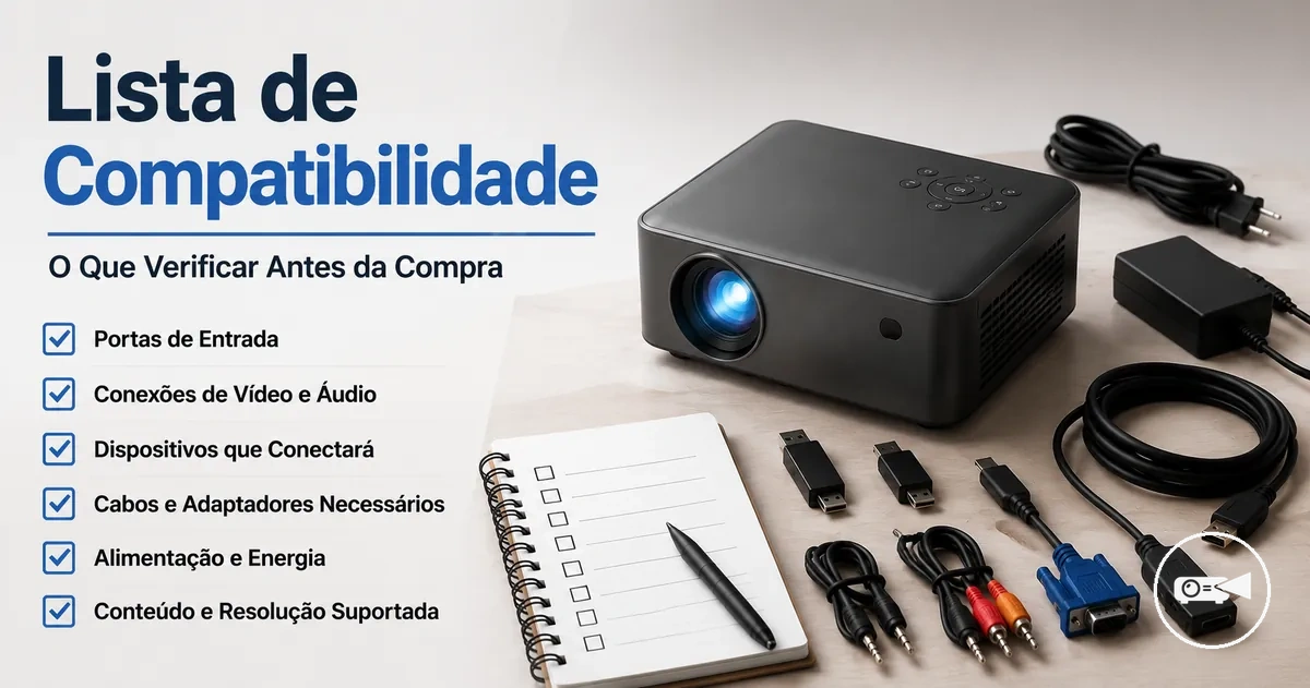 Mini projetor ao lado de cabos de conexão e acessórios de dispositivos