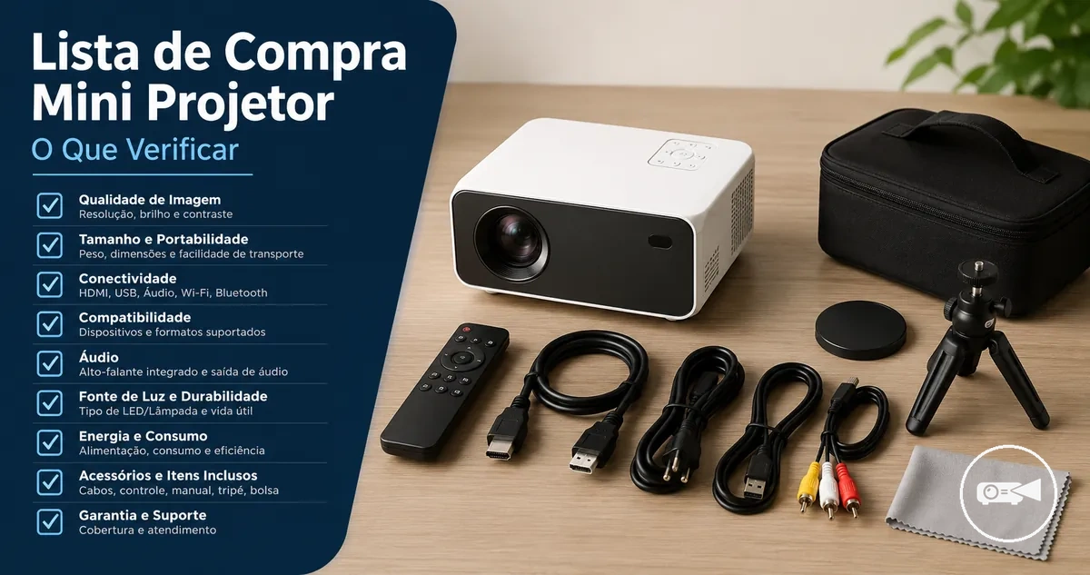 Lista de compra de mini projetor com projetor, cabos e acessórios sobre uma mesa