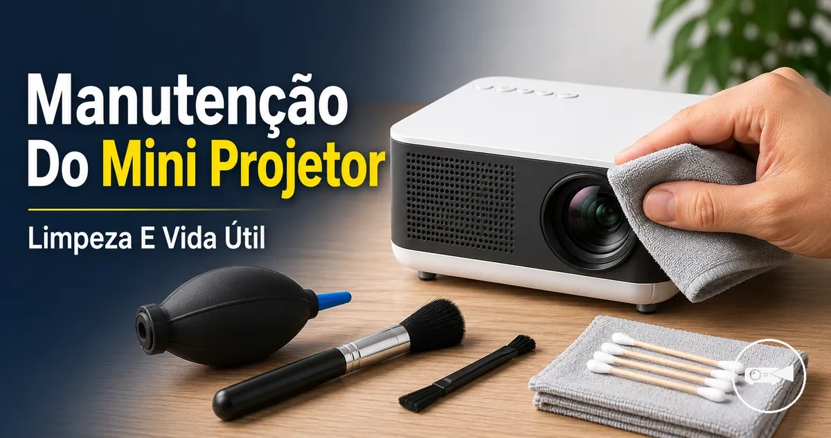 Mini projetor sendo limpo com pano macio e ferramentas para limpeza da lente