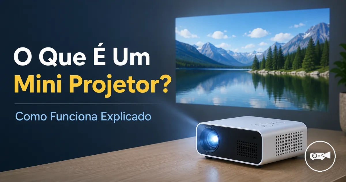 Mini projetor pequeno mostrando lente, corpo e configuração básica de projeção
