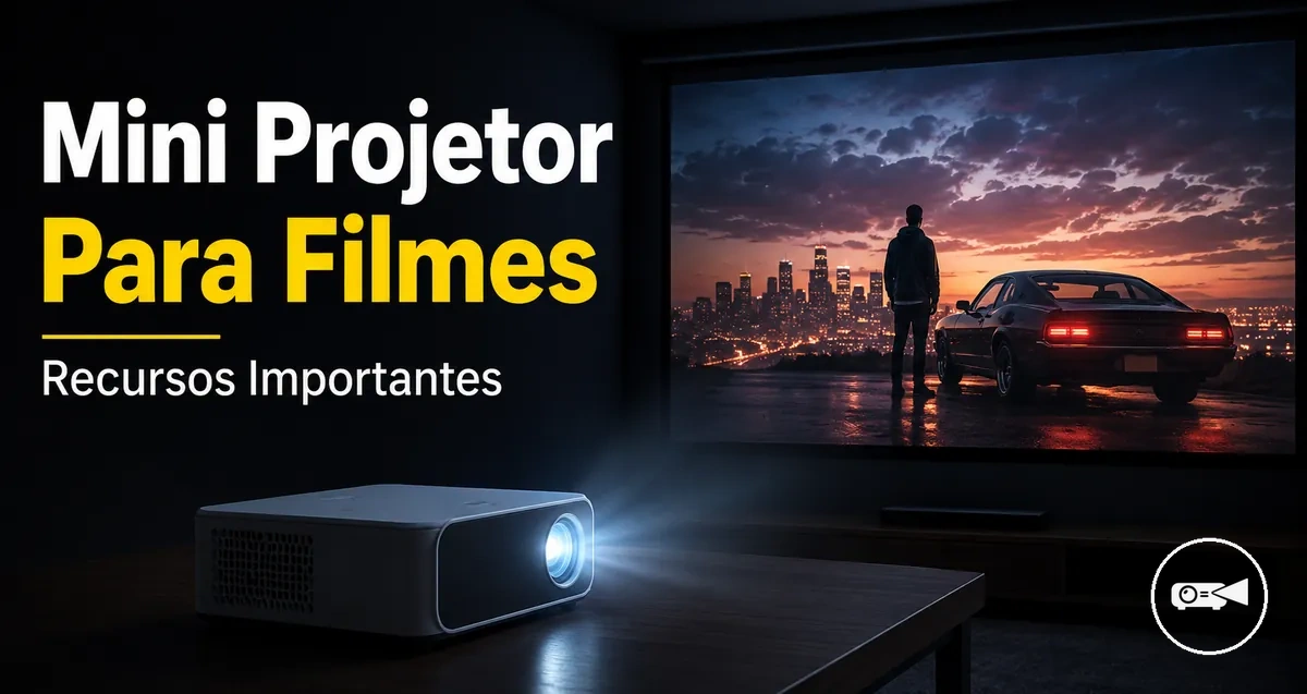 Mini projetor exibindo uma cena de filme em uma tela em uma sala escura