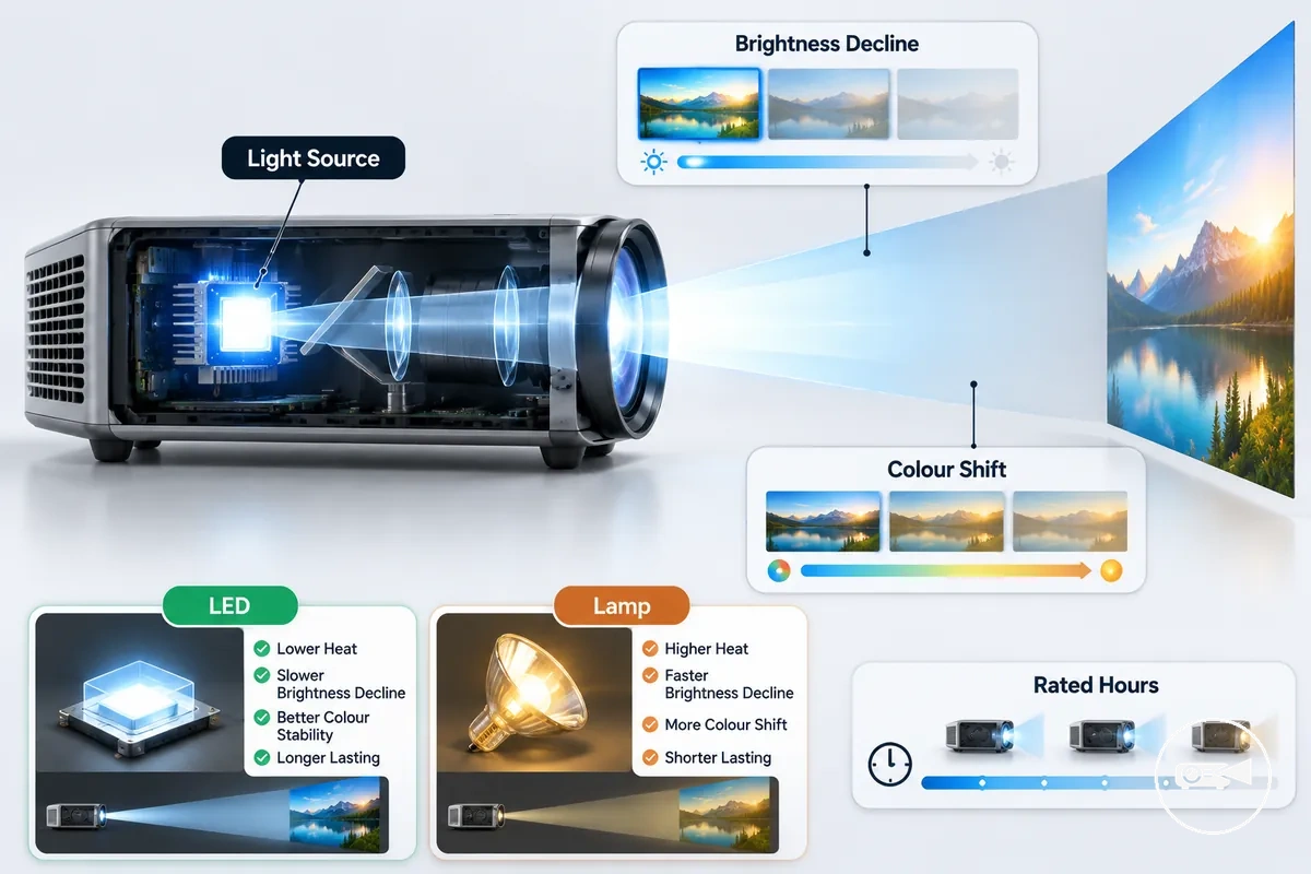 Diagrama mostrando o caminho da fonte de luz do mini projetor e a queda gradual de brilho