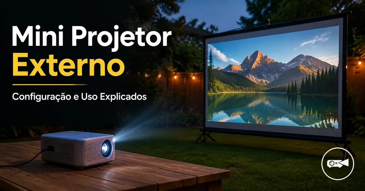 Mini projetor exibindo imagem em uma tela externa em um quintal