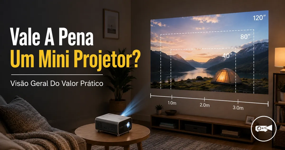 Mini projetor em uma pequena área de visualização mostrando o tamanho prático da tela