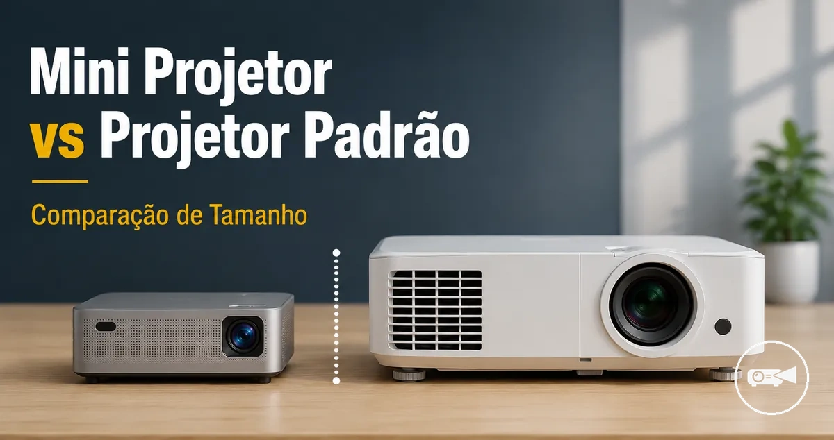 Mini projetor ao lado de um projetor maior para comparação de tamanho