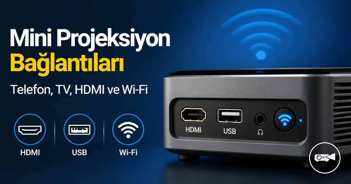 HDMI, USB ve kablosuz bağlantı simgeleri bulunan mini projeksiyon cihazı bağlantı noktaları
