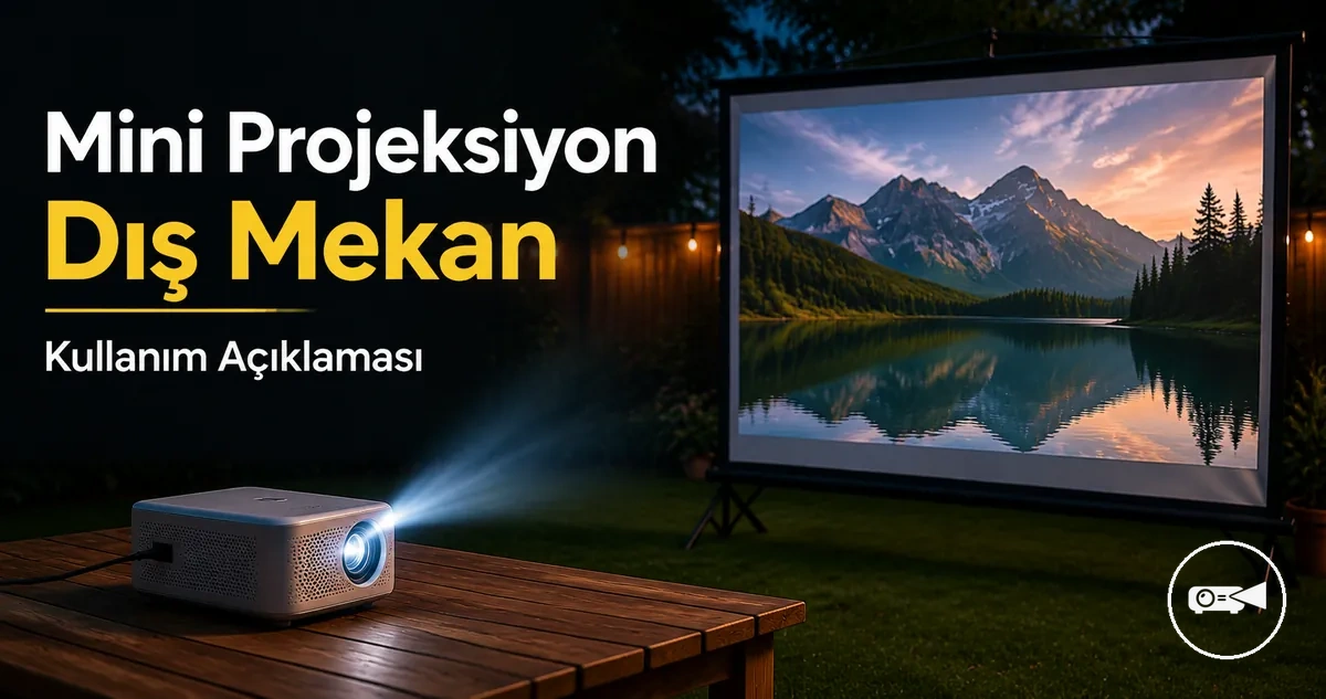 Bahçede dış mekan ekranına görüntü yansıtan mini projeksiyon cihazı