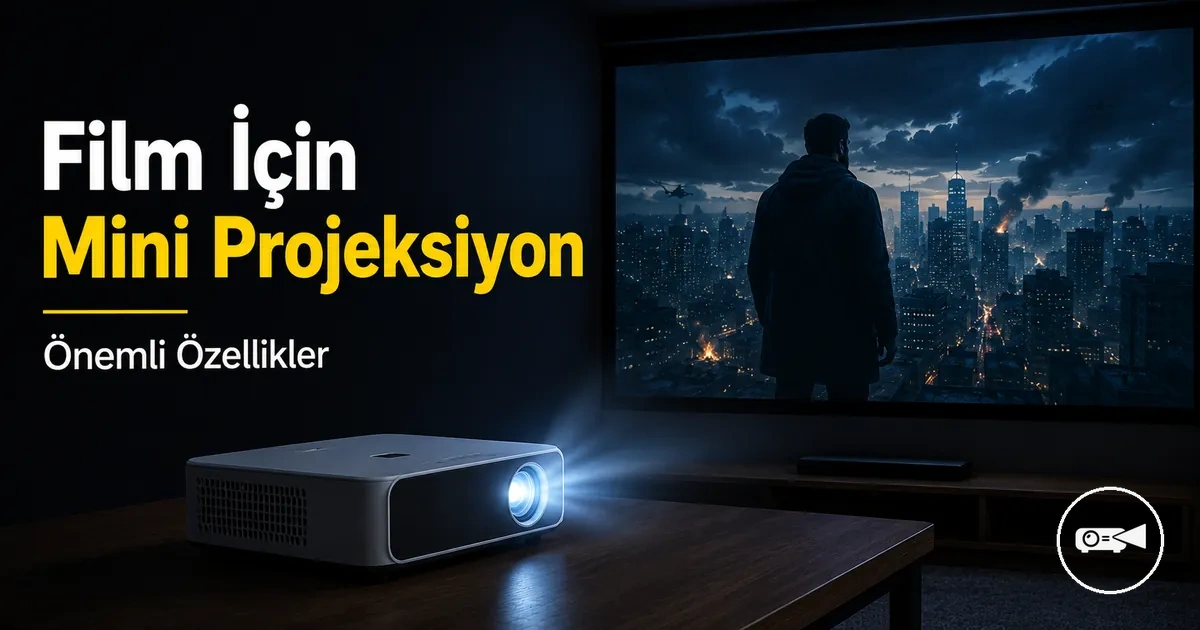 Karanlık bir odada ekranda film sahnesi gösteren mini projeksiyon cihazı