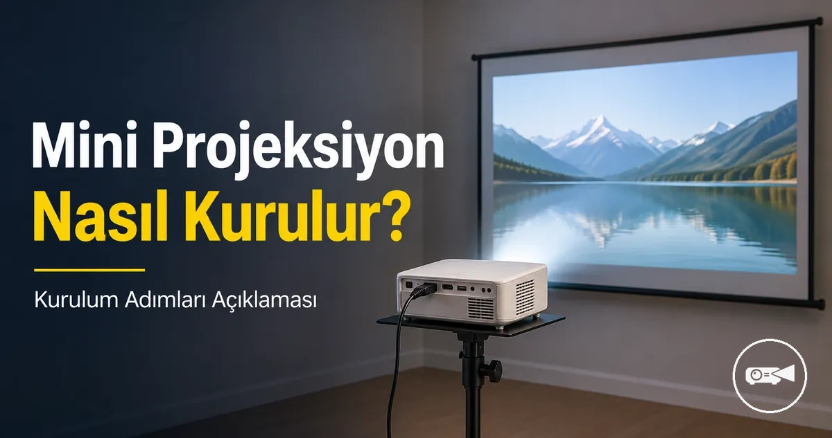 Projeksiyon ekranına bakan bir stand üzerine kurulmuş mini projeksiyon cihazı