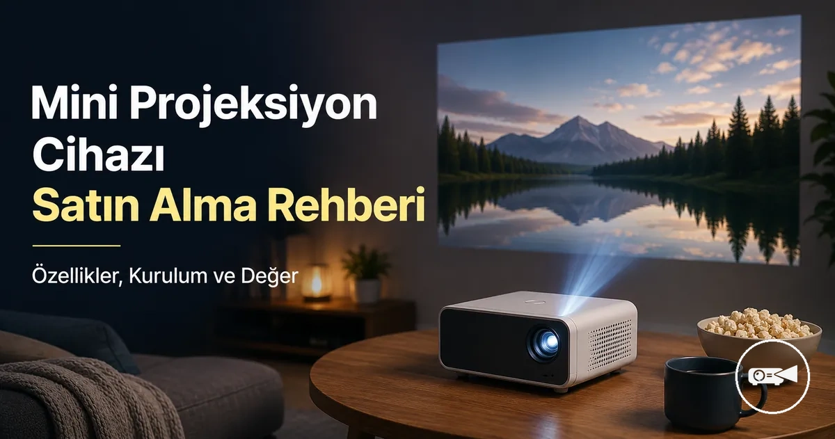 Masa üzerinde kompakt mini projeksiyon cihazı ve arka planda yansıtılan ekran