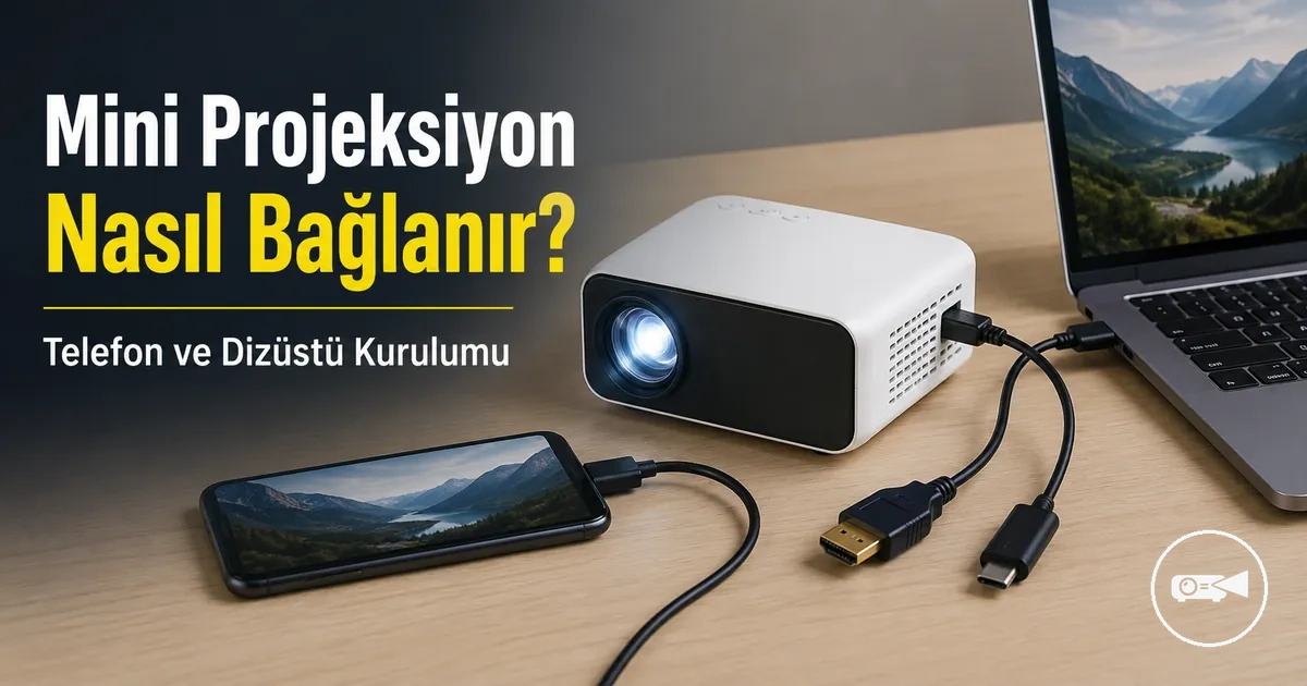 Yakınında kablolar bulunan telefona ve dizüstü bilgisayara bağlı mini projeksiyon cihazı