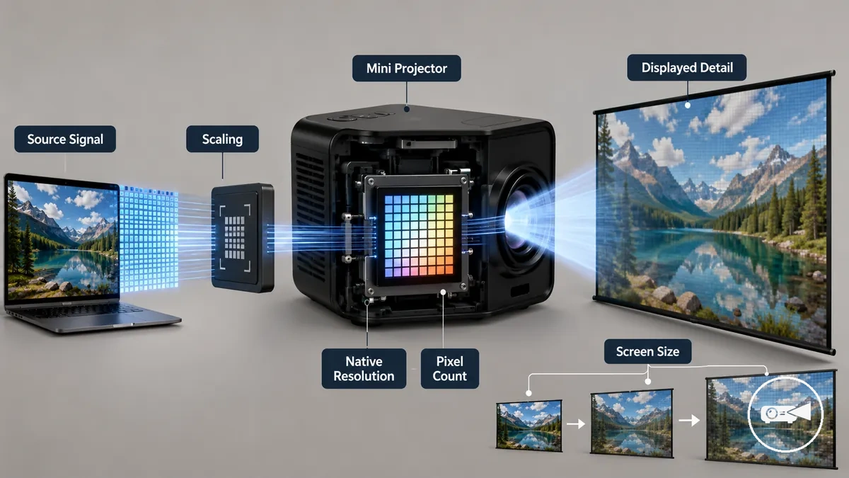 Doğal çözünürlüğü görüntüleme panelinin fiziksel piksel sınırı olarak gösteren mini projeksiyon cihazı diyagramı