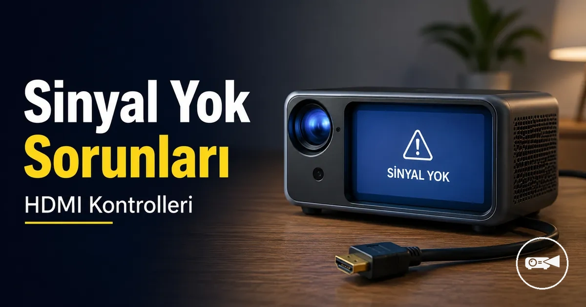 Yanında HDMI kablosu bulunan sinyal yok mesajı gösteren mini projeksiyon cihazı