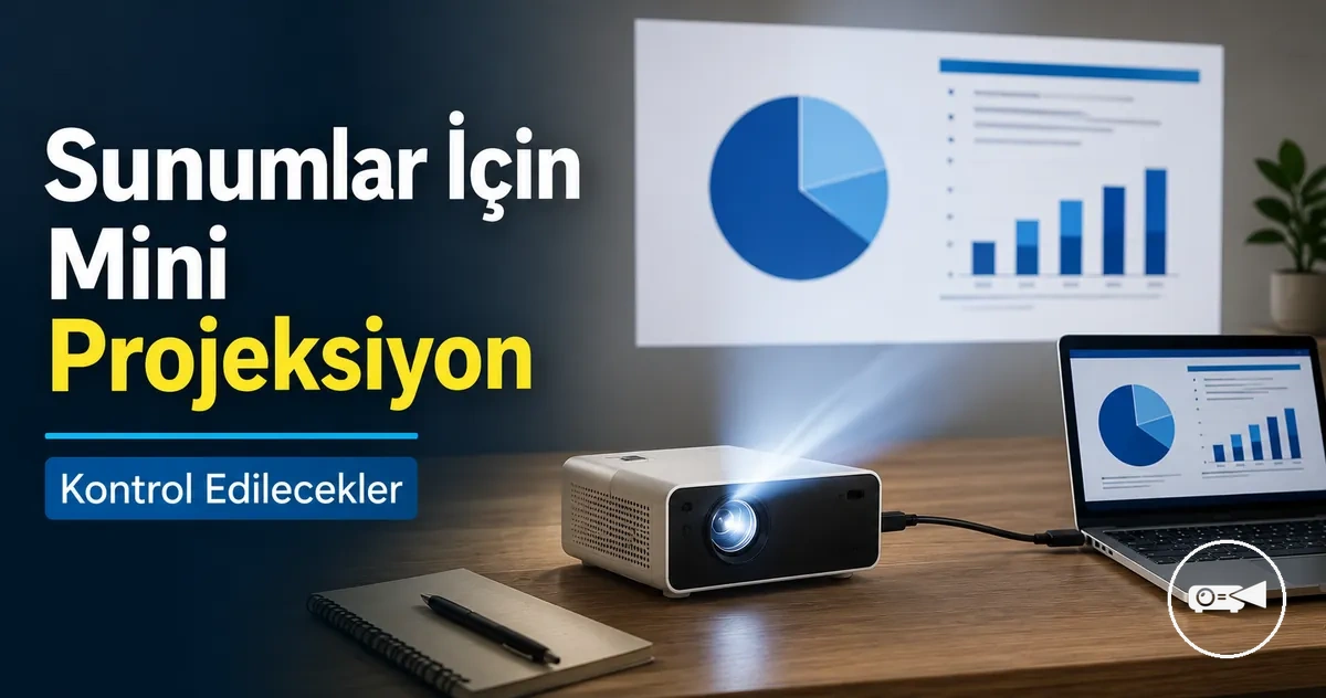 Masa üzerinde dizüstü bilgisayarla sunum yapan mini projeksiyon cihazı