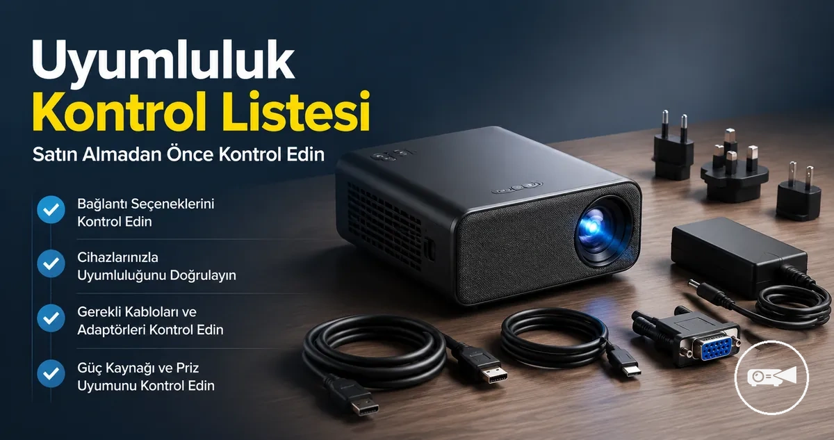 Bağlantı kabloları ve cihaz aksesuarlarının yanında mini projeksiyon cihazı