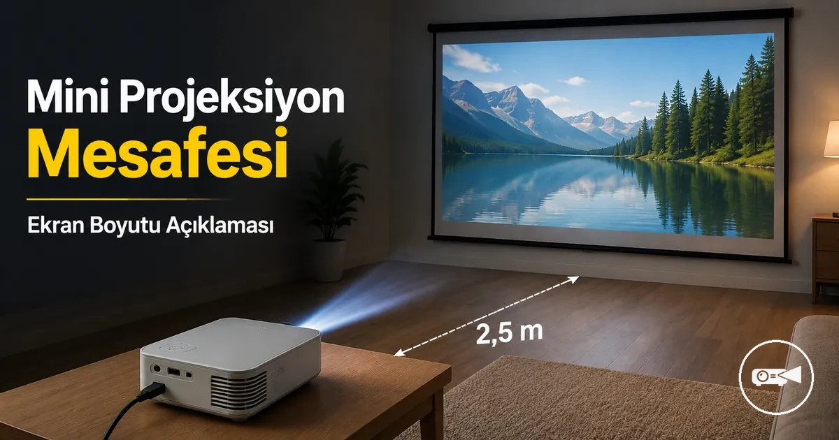 Ölçülmüş mesafede bir projeksiyon ekranına yönlendirilmiş mini projeksiyon cihazı