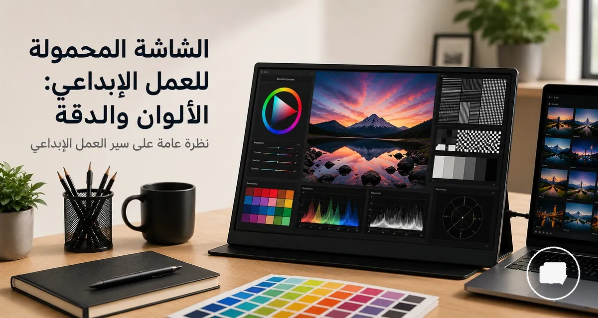 شاشة محمولة للعمل الإبداعي تعرض محتوى متعلق بالألوان والدقة